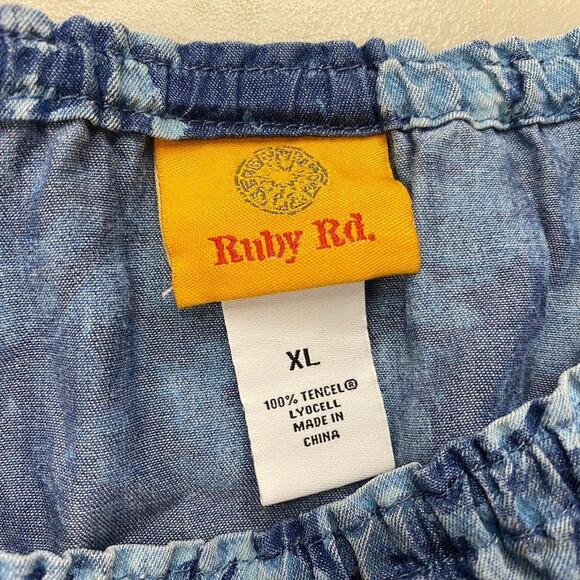 Ruby Rd Chambray Denim Dress Womens XL Blue Floral Bell Sleeve Peasant Milkmaid - Picture 9 of 11